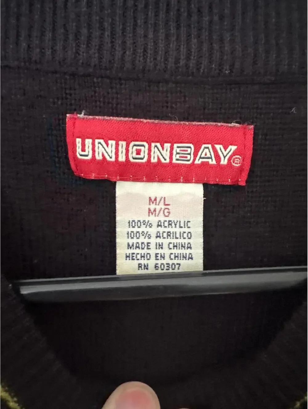 Vintage Unionbay Mens M/L Ribbed Knit Sweater Black Yellow Stripe Y2K 90s